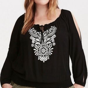 Torrid Embroidered Front Tie Keyhole Cold Shoulder Peasant Top